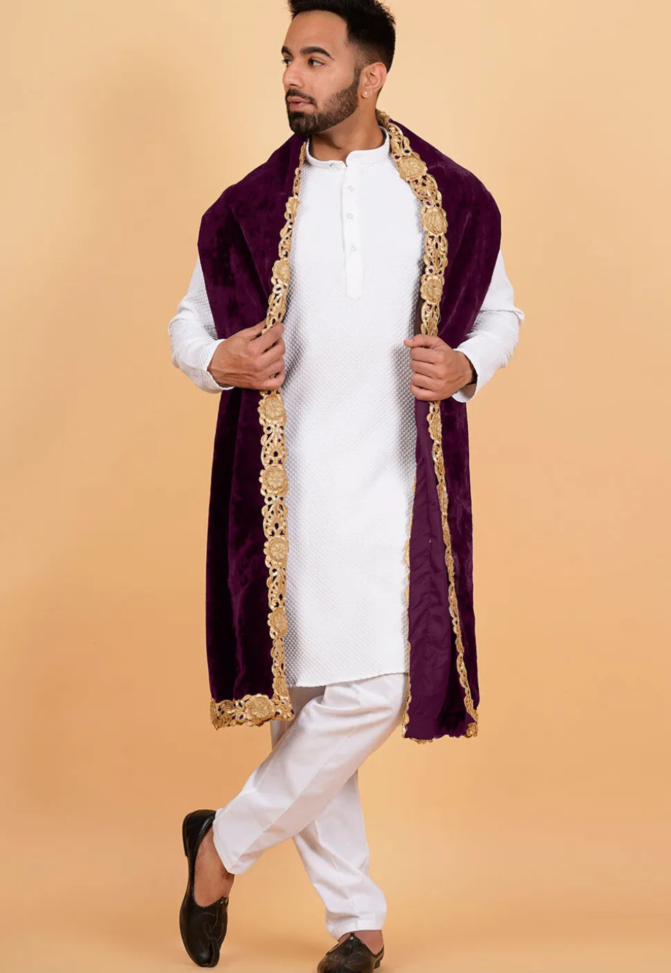 Embroidered Velvet Mens Dupatta in Wine