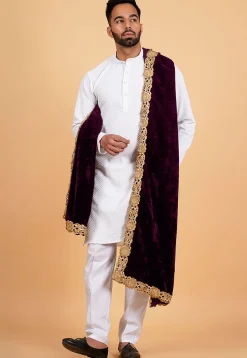 Embroidered Velvet Mens Dupatta in Wine