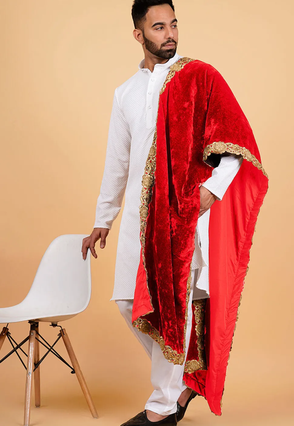 Embroidered Velvet Mens Dupatta in Red