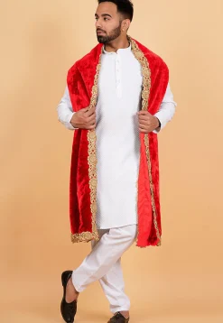 Embroidered Velvet Mens Dupatta in Red