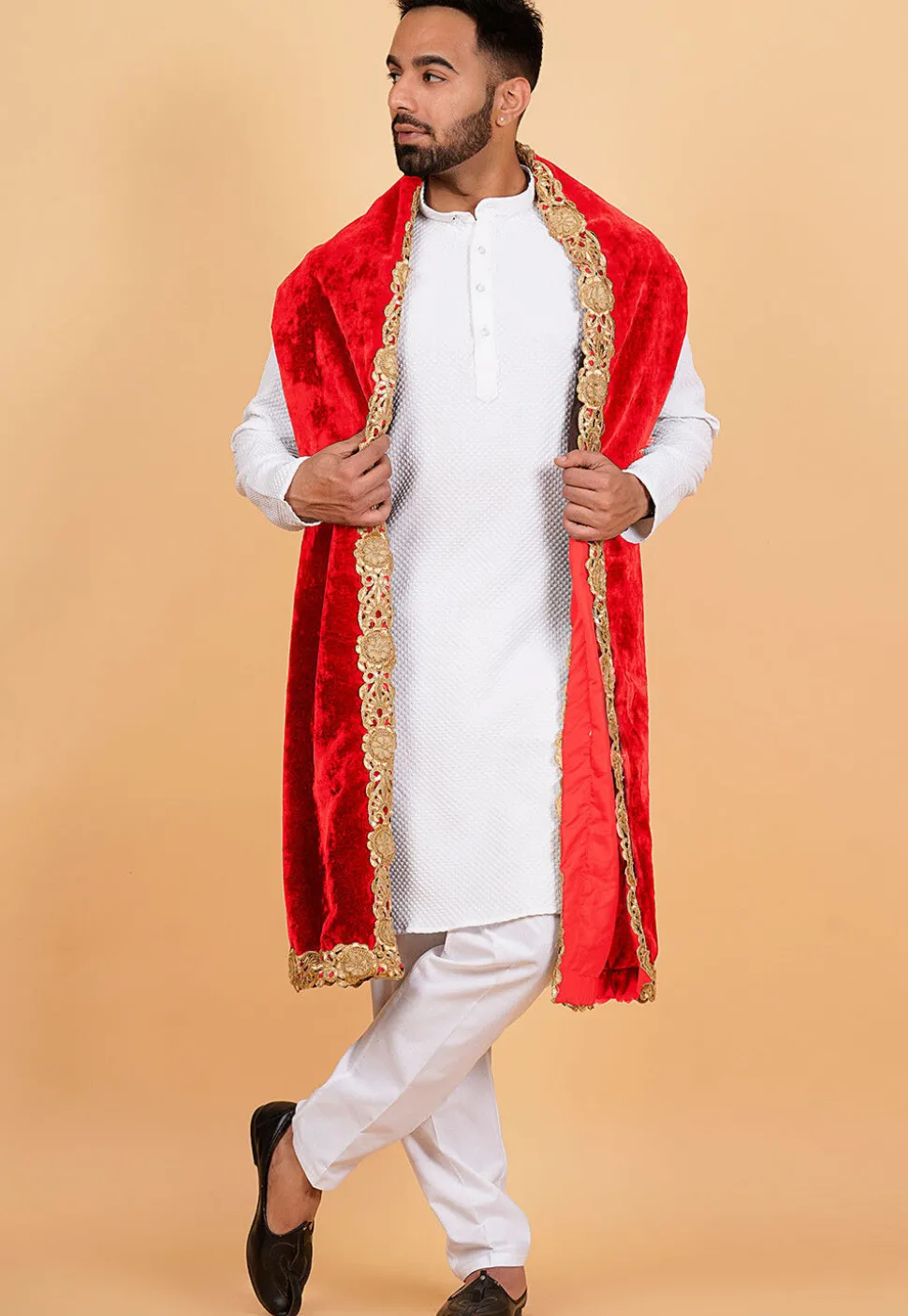 Embroidered Velvet Mens Dupatta in Red