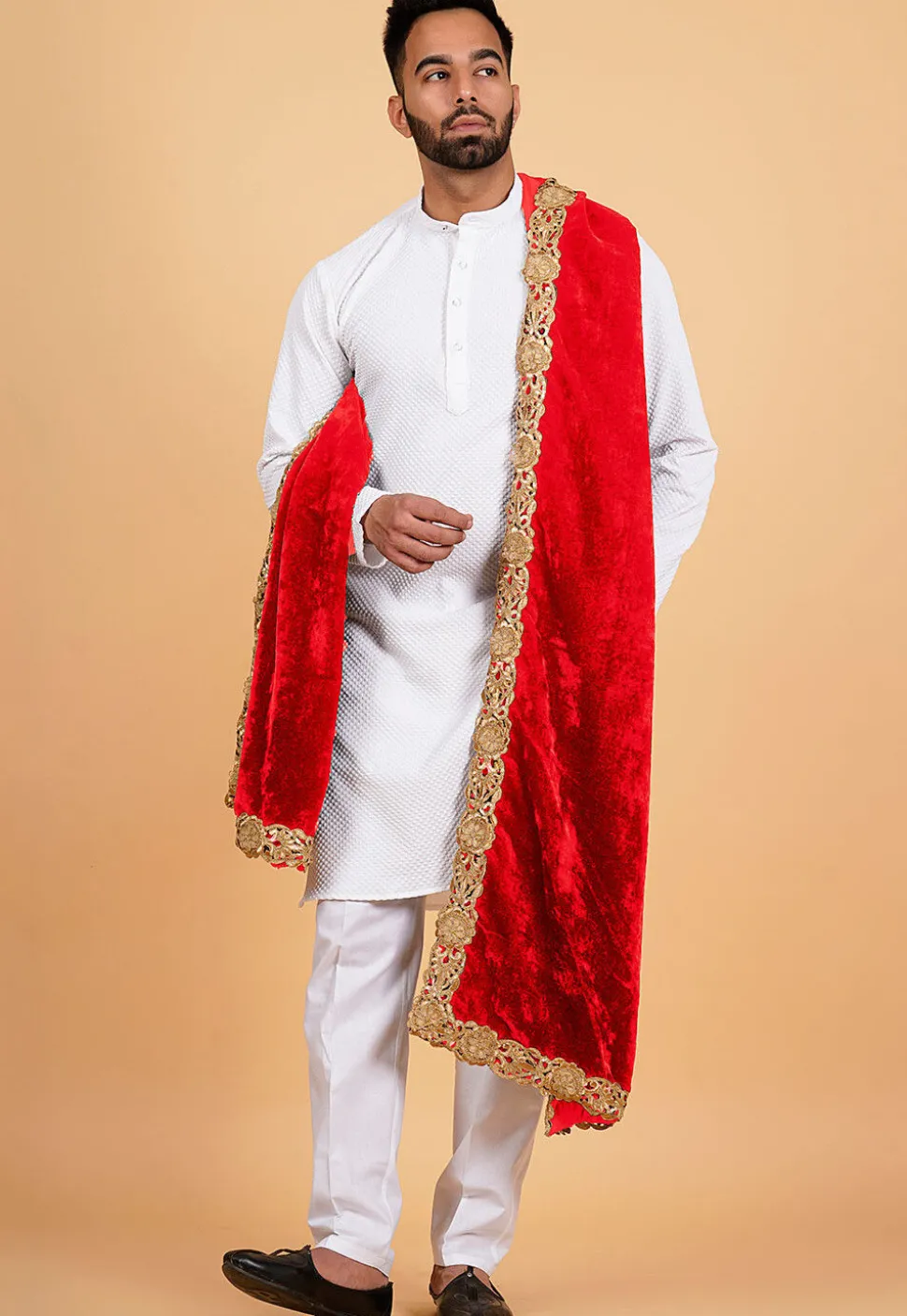 Embroidered Velvet Mens Dupatta in Red
