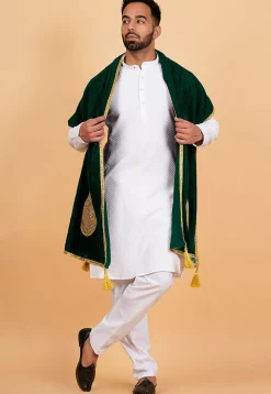 Embroidered Velvet Mens Dupatta in Dark Green