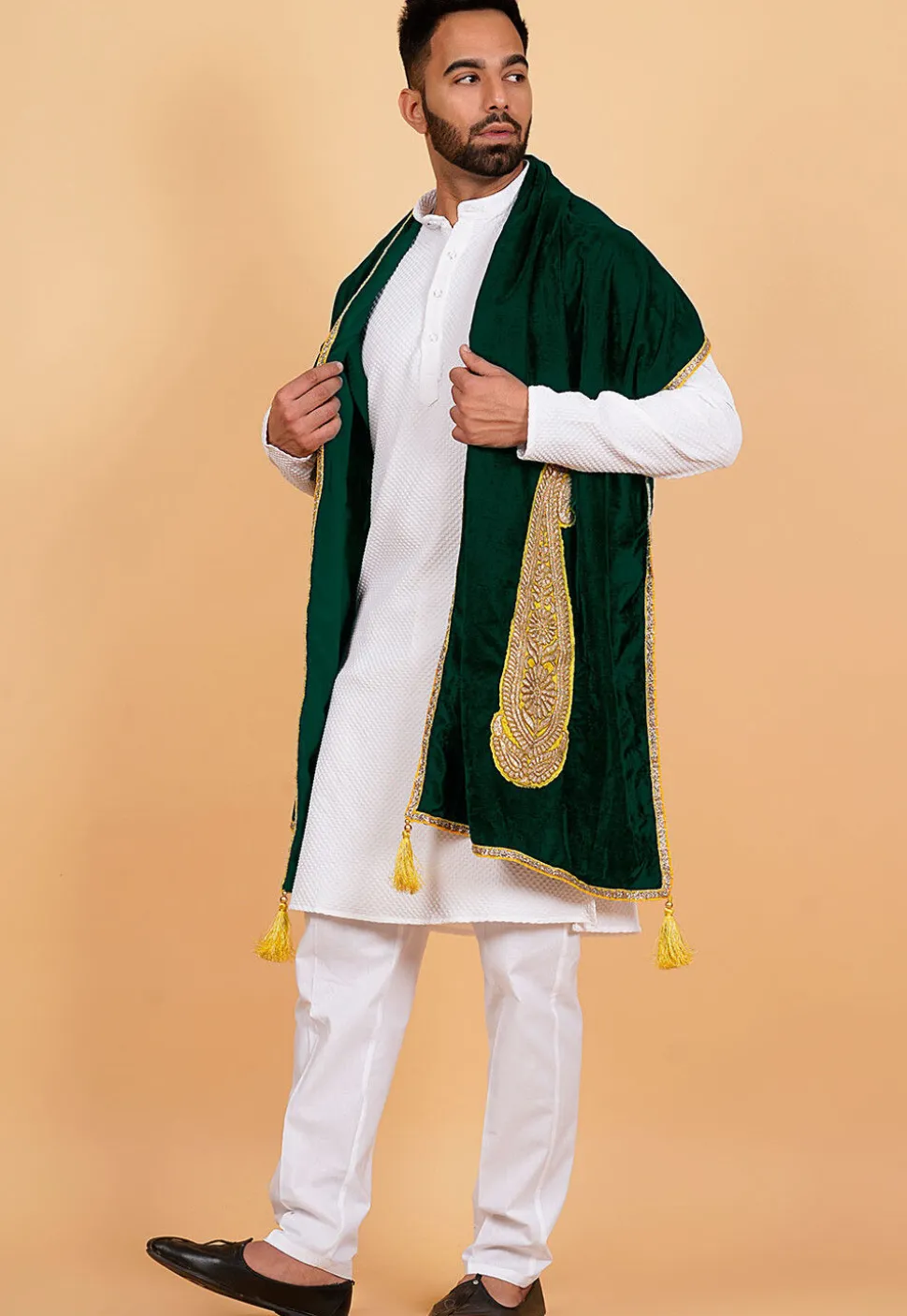 Embroidered Velvet Mens Dupatta in Dark Green