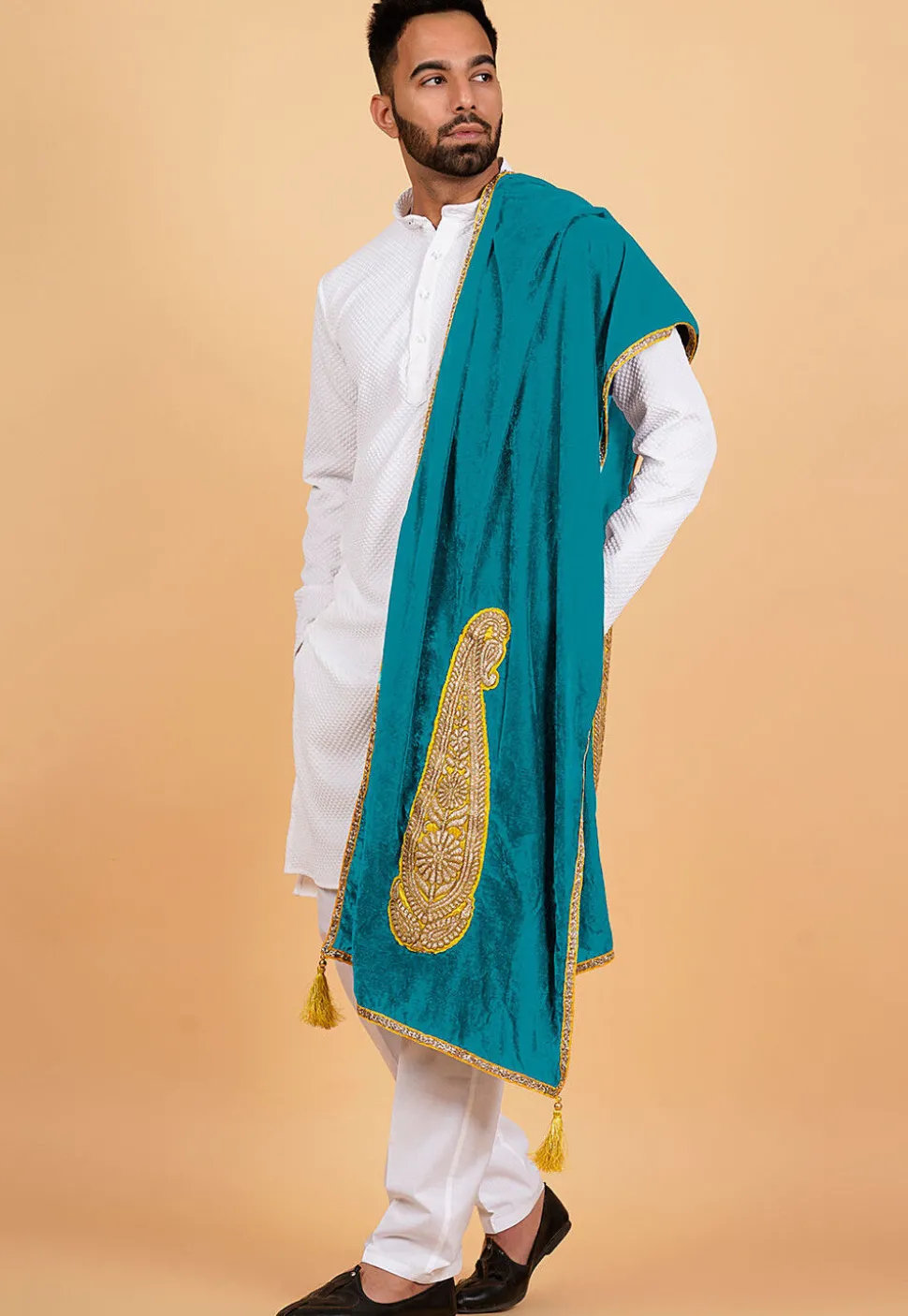 Embroidered Velvet Mens Dupatta in Turquoise