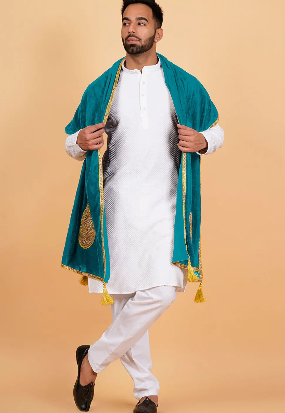 Embroidered Velvet Mens Dupatta in Turquoise