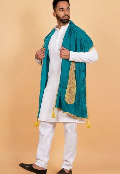 Embroidered Velvet Mens Dupatta in Turquoise