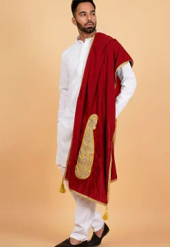 Embroidered Velvet Mens Dupatta in Maroon