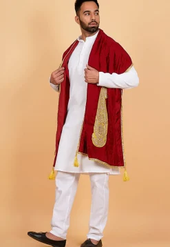 Embroidered Velvet Mens Dupatta in Maroon