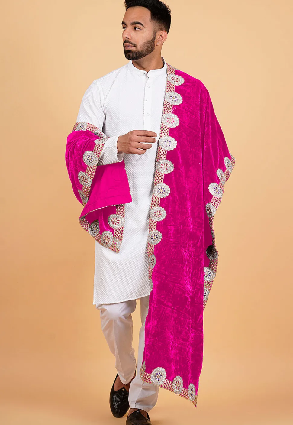 Embroidered Velvet Mens Dupatta in Pink