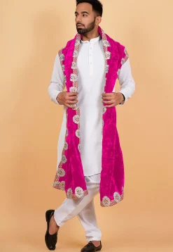 Embroidered Velvet Mens Dupatta in Pink