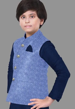 Embroidered Velvet Nehru Jacket in Sky Blue