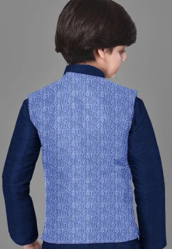 Embroidered Velvet Nehru Jacket in Sky Blue