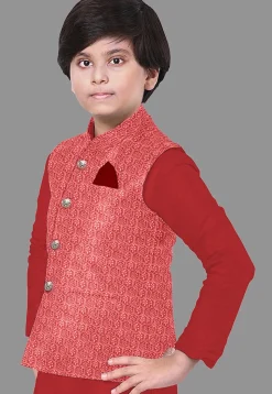 Embroidered Velvet Nehru Jacket in Red