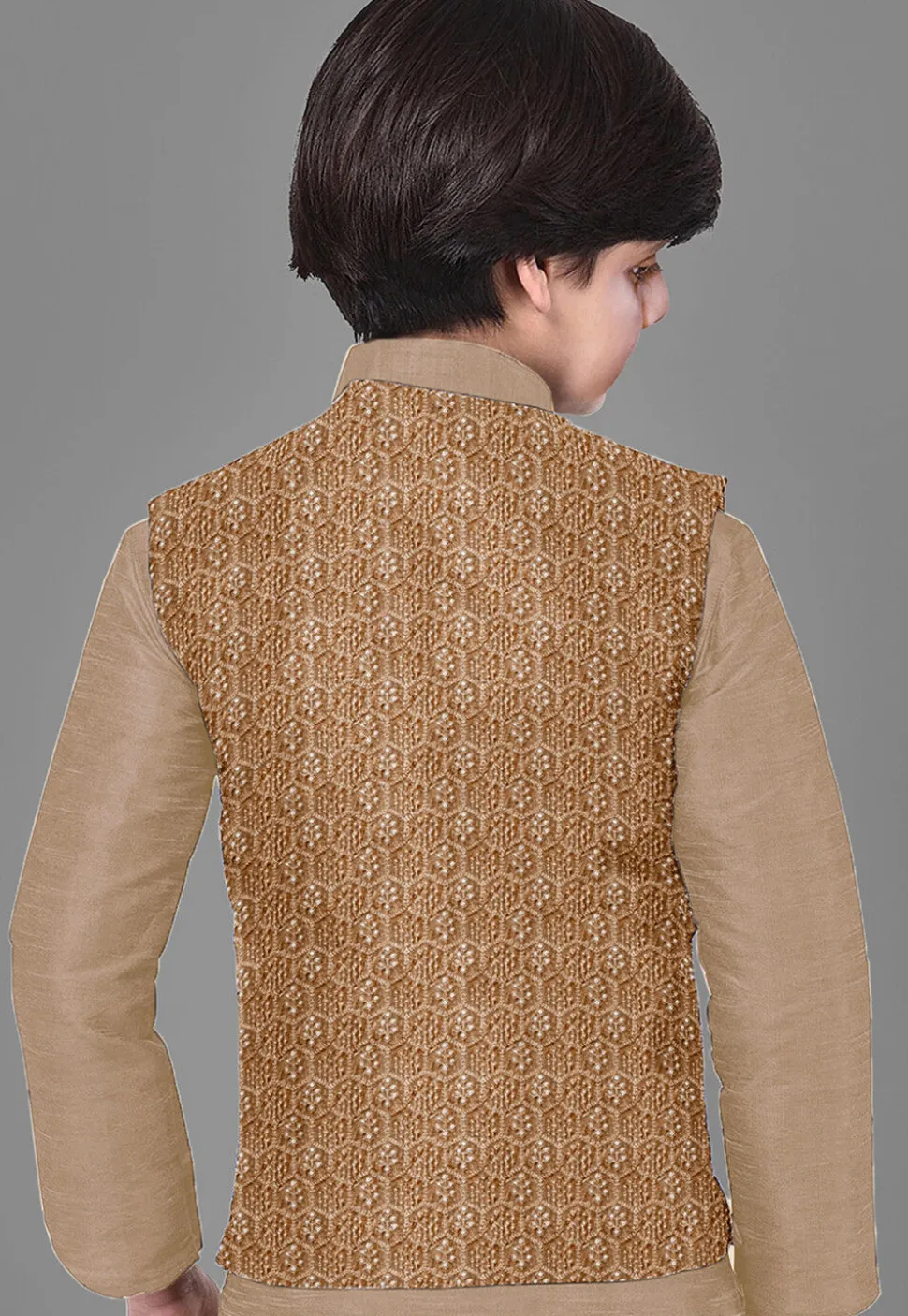 Embroidered Velvet Nehru Jacket in Beige