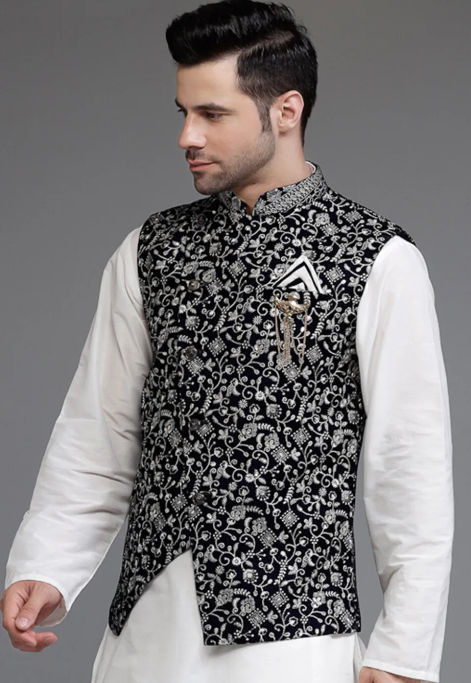 Embroidered Velvet Nehru Jacket in Navy Blue