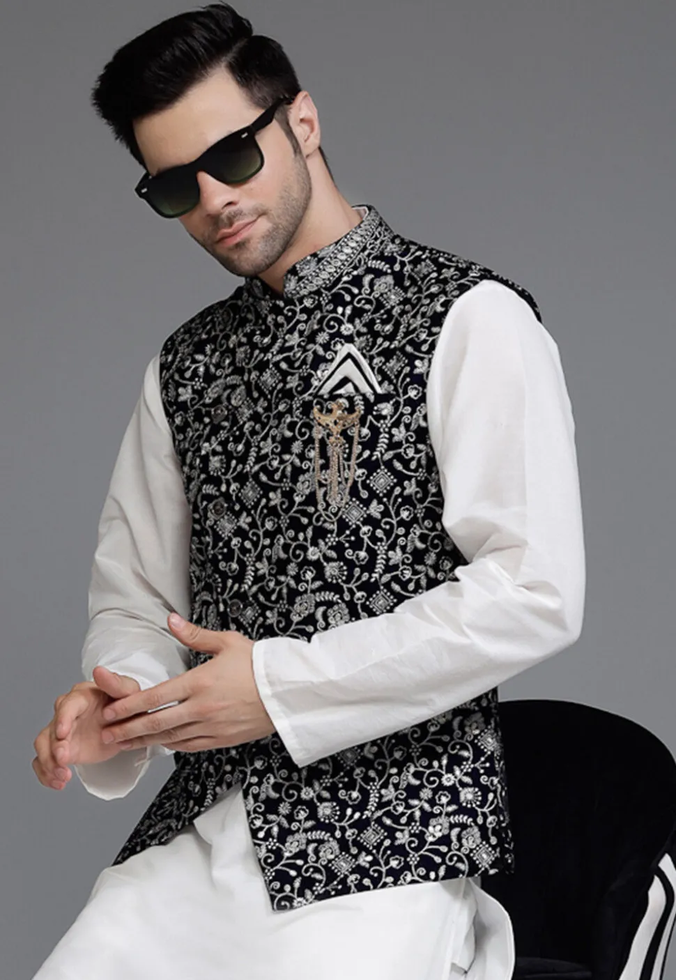 Embroidered Velvet Nehru Jacket in Navy Blue