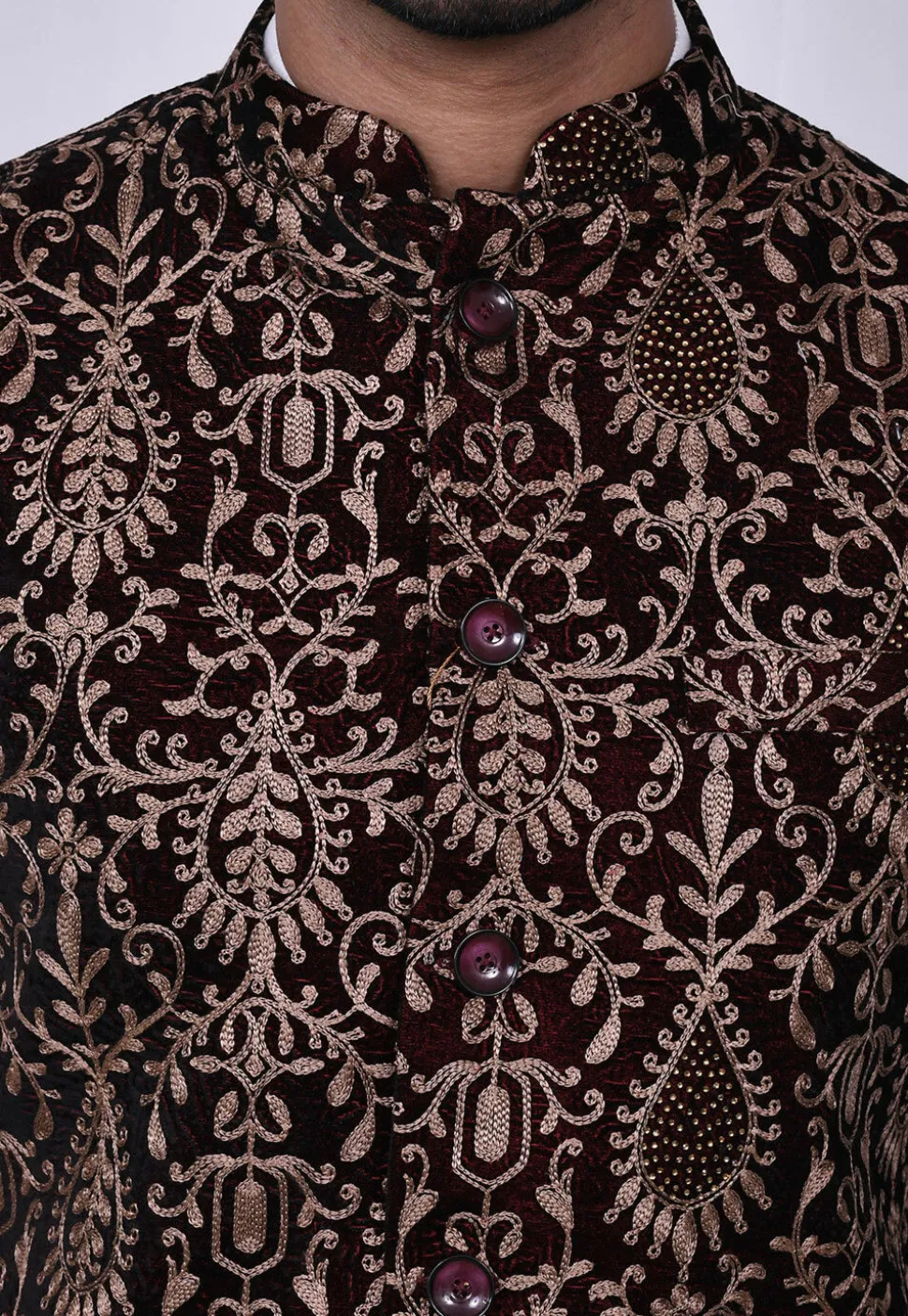 Embroidered Velvet Nehru Jacket in Maroon