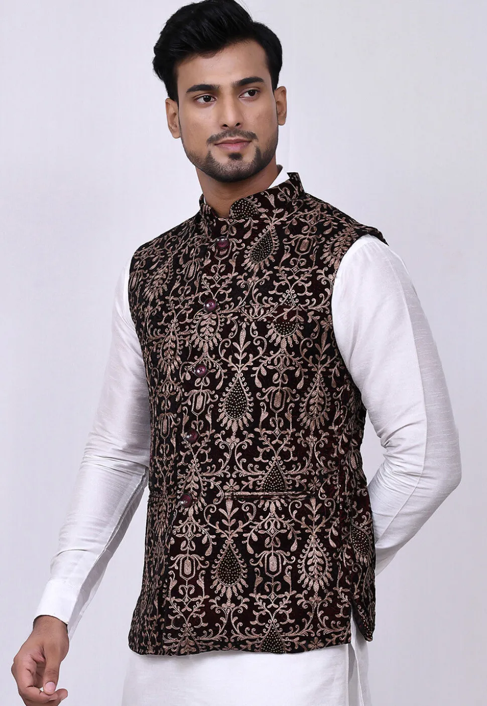 Embroidered Velvet Nehru Jacket in Maroon