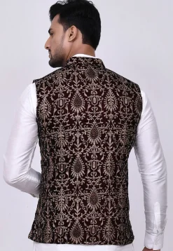 Embroidered Velvet Nehru Jacket in Maroon
