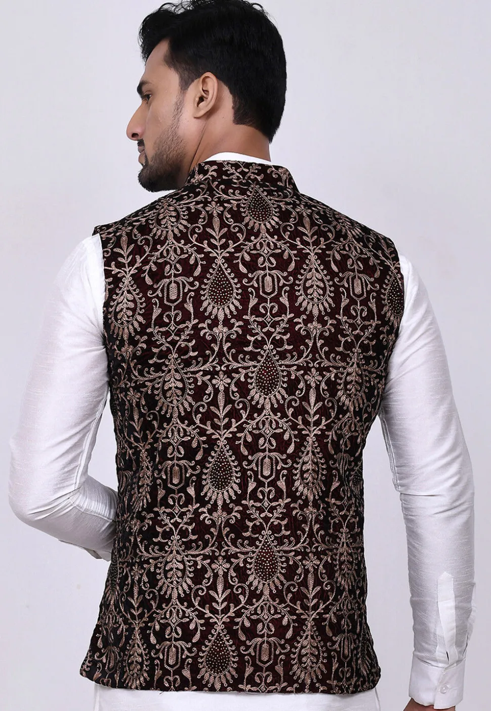 Embroidered Velvet Nehru Jacket in Maroon