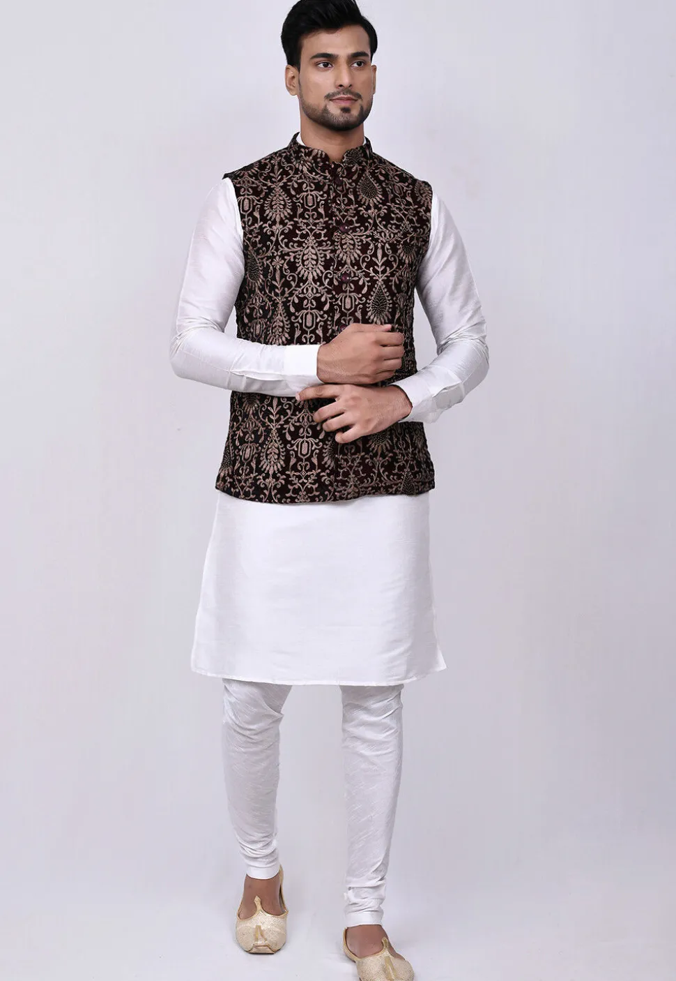 Embroidered Velvet Nehru Jacket in Maroon