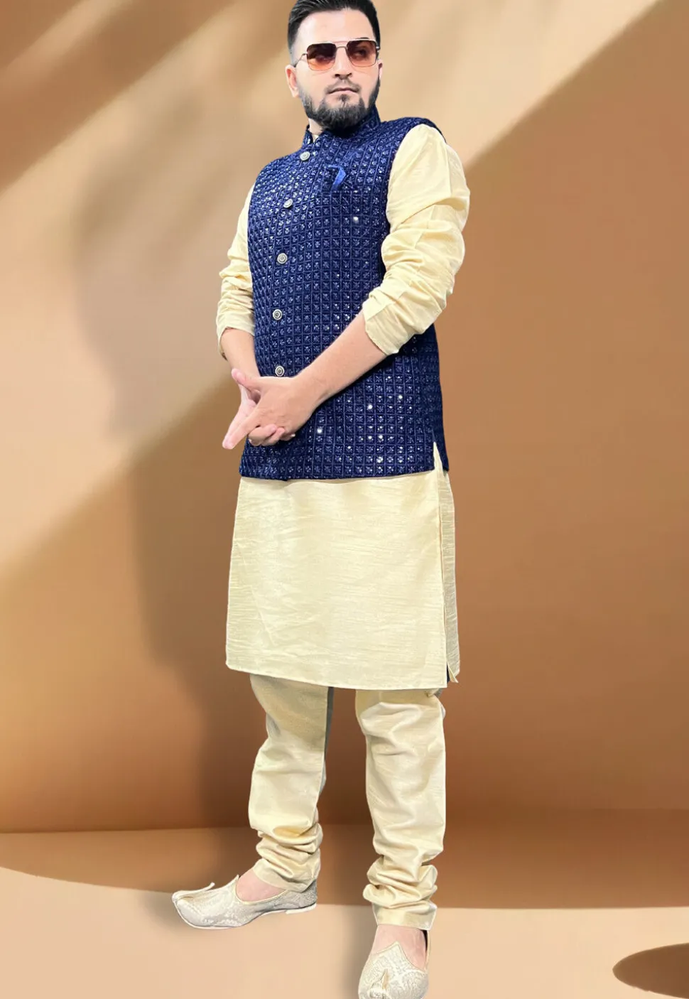 Embroidered Velvet Nehru Jacket in Navy Blue
