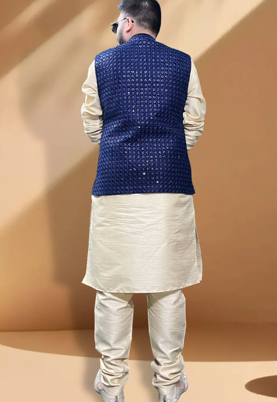 Embroidered Velvet Nehru Jacket in Navy Blue