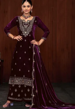 Embroidered Velvet Pakistani Suit in Wine