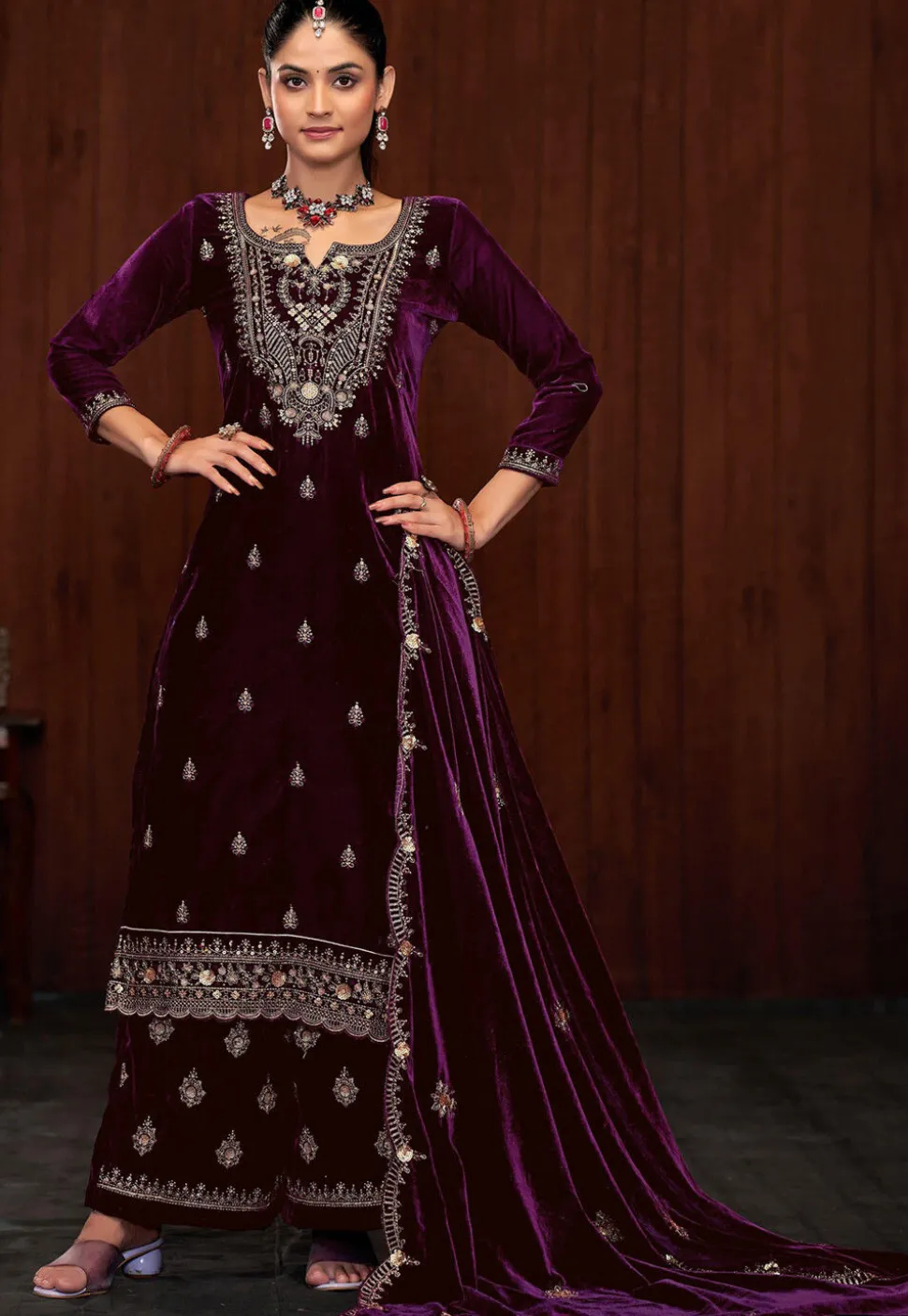 Embroidered Velvet Pakistani Suit in Wine