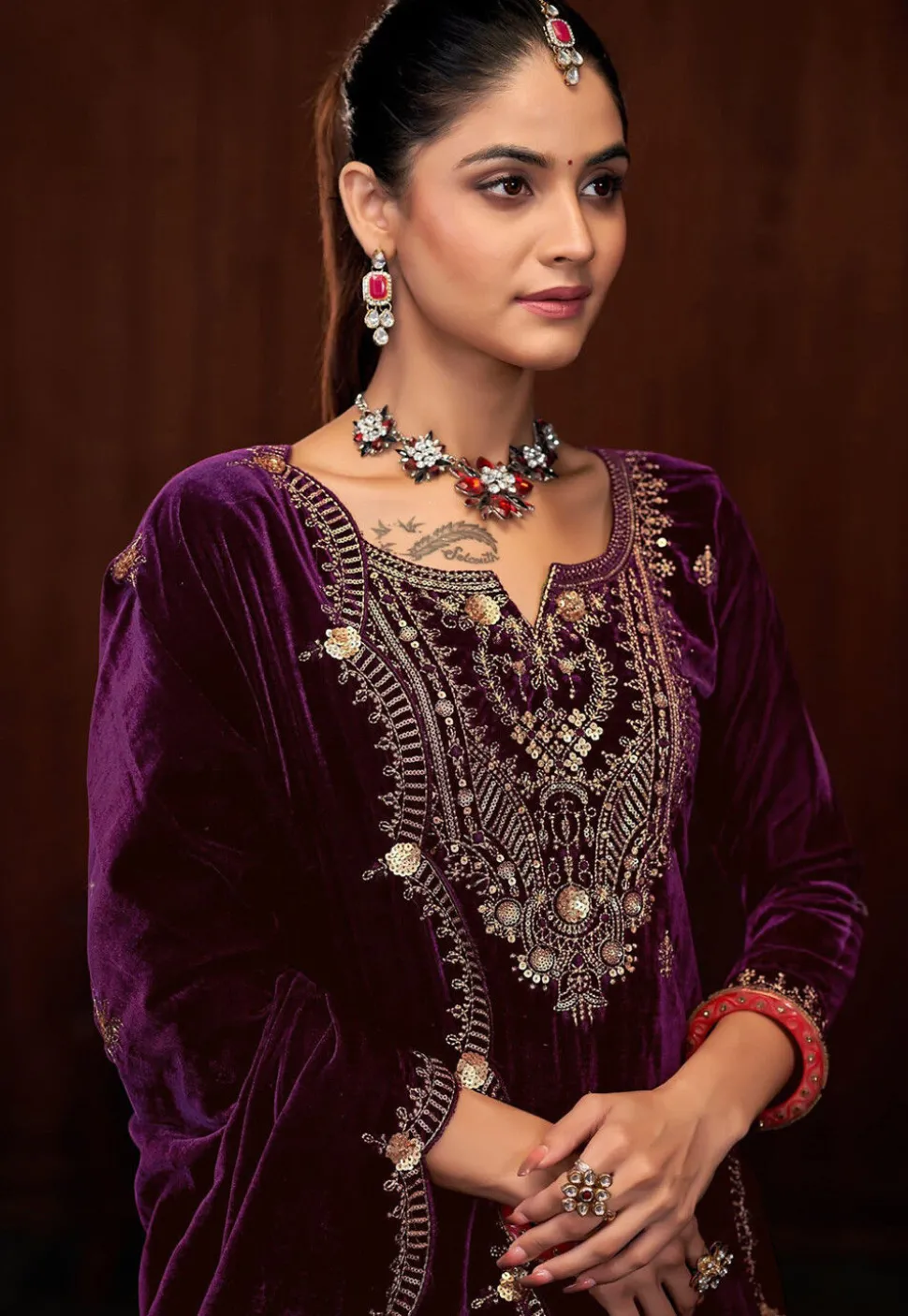 Embroidered Velvet Pakistani Suit in Wine
