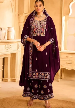 Embroidered Velvet Pakistani Suit in Violet