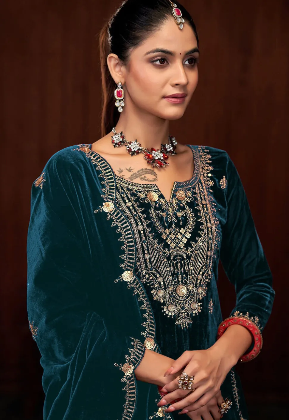 Embroidered Velvet Pakistani Suit in Teal Blue