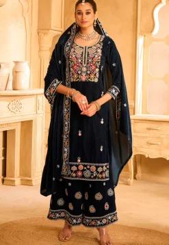Embroidered Velvet Pakistani Suit in Blue
