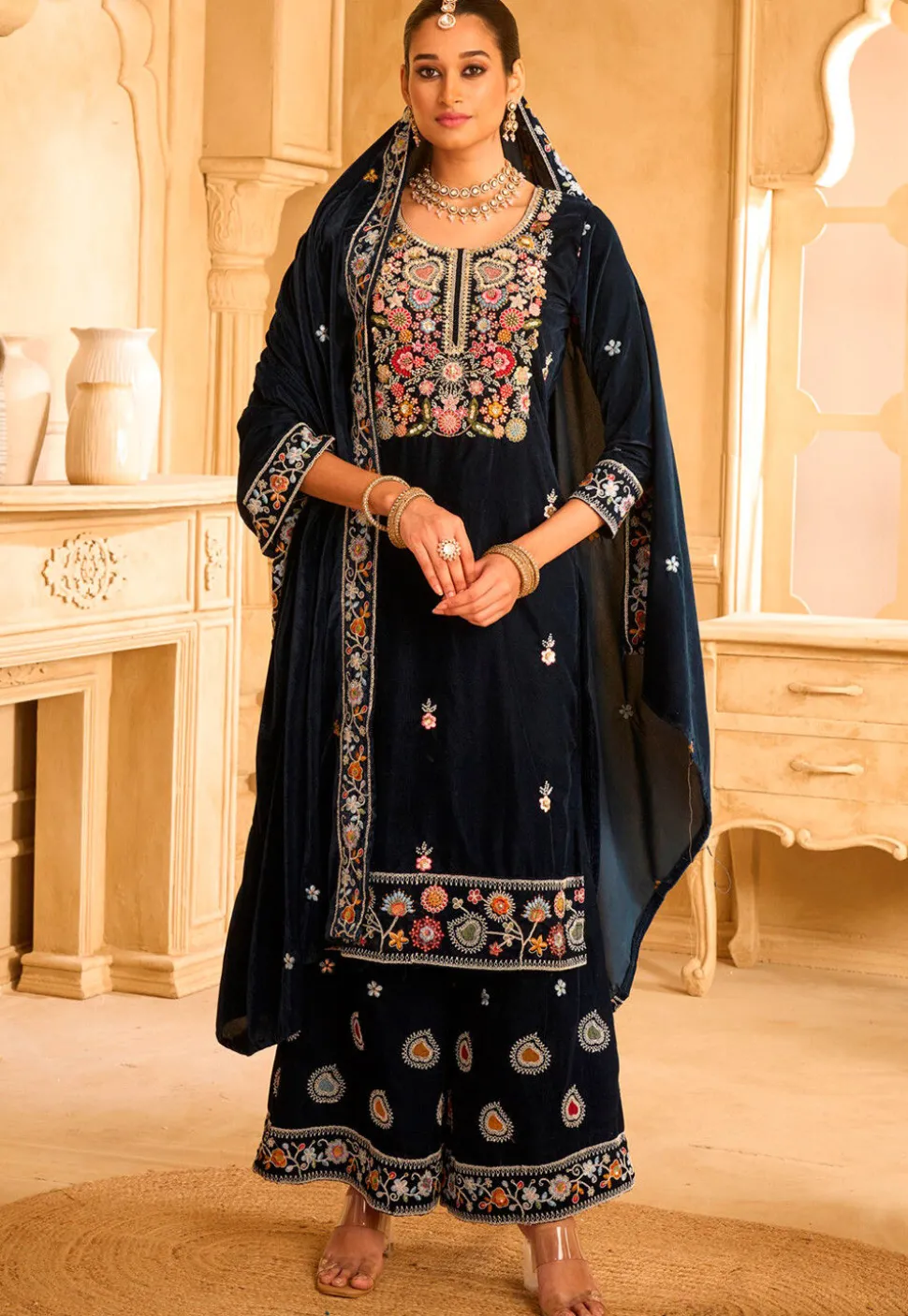 Embroidered Velvet Pakistani Suit in Blue