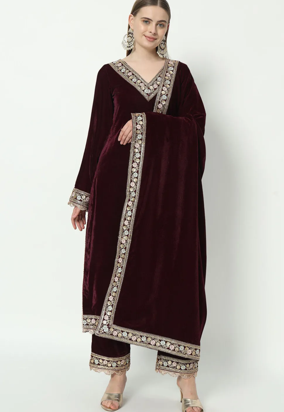 Embroidered Velvet Pakistani Suit in in Wine