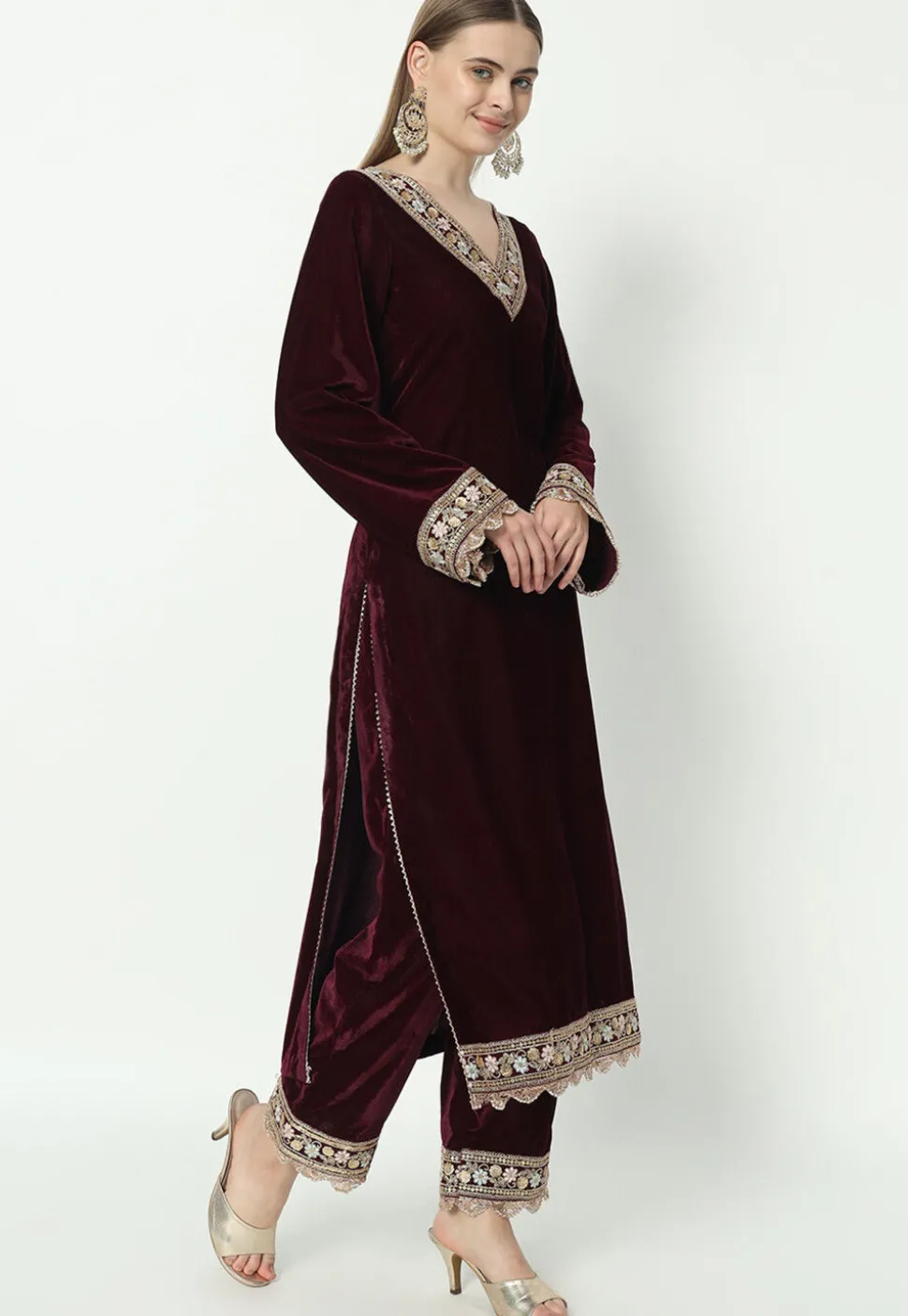 Embroidered Velvet Pakistani Suit in in Wine