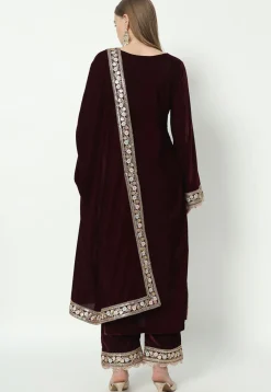 Embroidered Velvet Pakistani Suit in in Wine