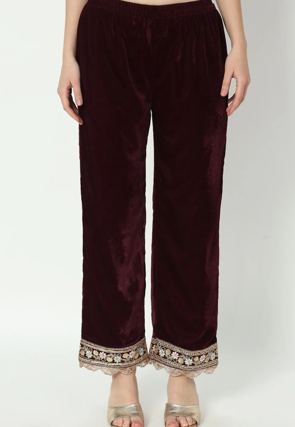Embroidered Velvet Pakistani Suit in in Wine