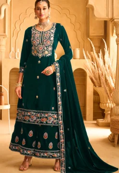 Embroidered Velvet Pakistani Suit in Teal Green