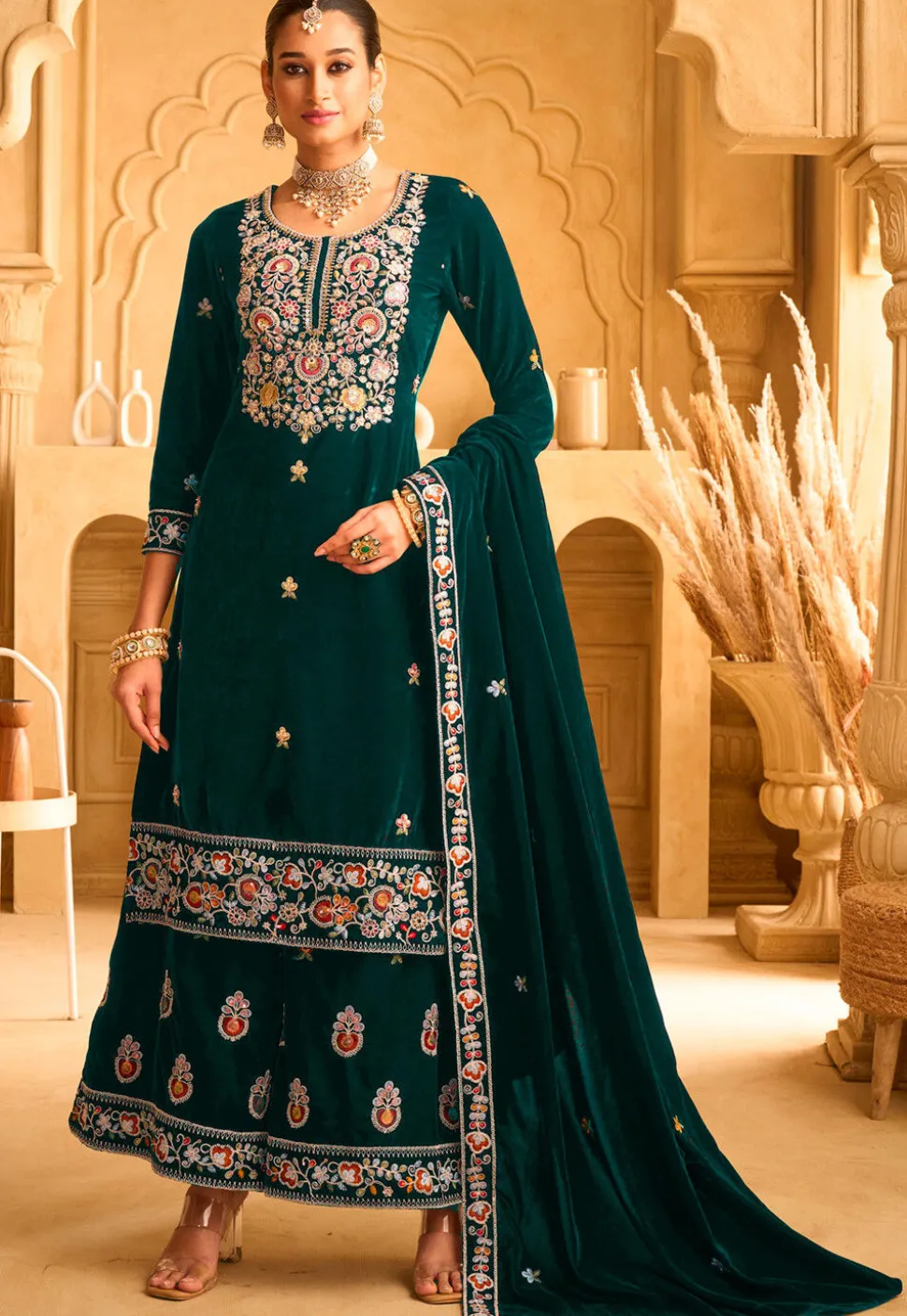 Embroidered Velvet Pakistani Suit in Teal Green