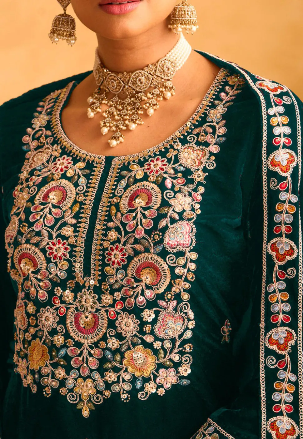 Embroidered Velvet Pakistani Suit in Teal Green