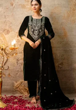 Embroidered Velvet Pakistani Suit in Dark Green