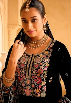 Embroidered Velvet Pakistani Suit in Black