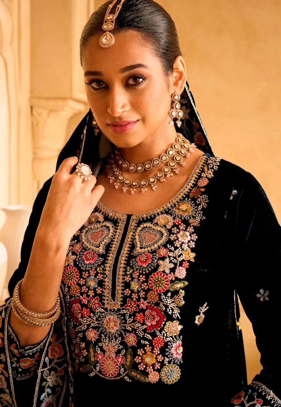 Embroidered Velvet Pakistani Suit in Black