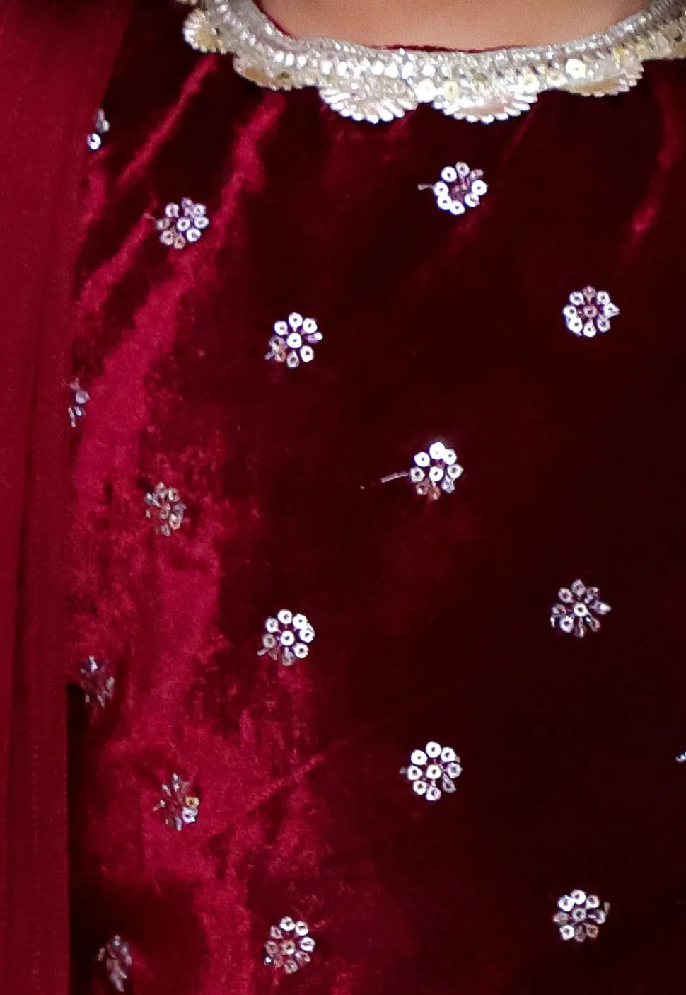 Embroidered Velvet Pakistani Suit in Maroon