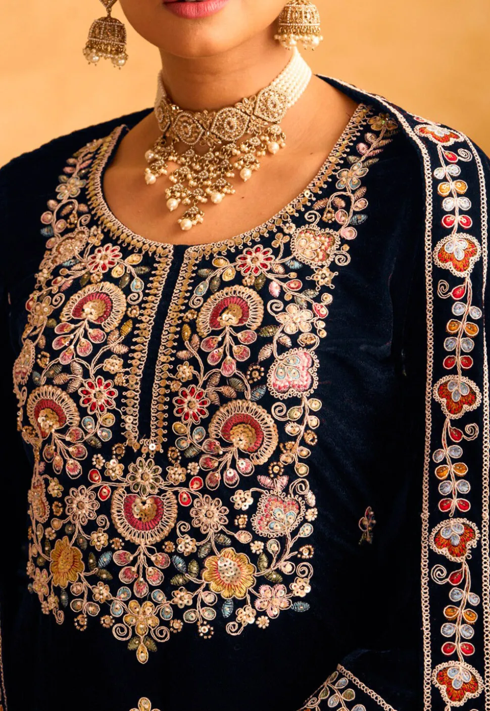 Embroidered Velvet Pakistani Suit in Navy Blue