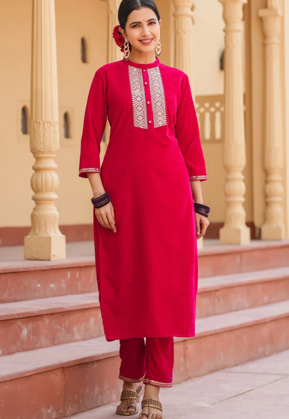Embroidered Velvet Pakistani Suit in Fuchsia