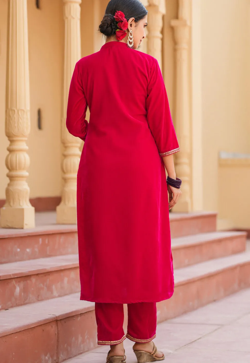 Embroidered Velvet Pakistani Suit in Fuchsia