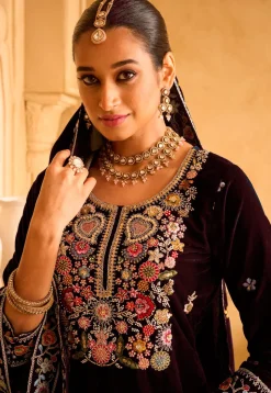 Embroidered Velvet Pakistani Suit in Wine